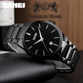 SKMEI 9140 Black Stainless Steel Analog Luxury Watch For Men - Black, 3 image