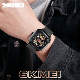 SKMEI 9184 Black Mesh Stainless Steel Automatic Mechanical Luxury Watch For Men - Black, 5 image