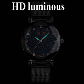 SKMEI 9188 Black PU Leather Analog Luxury Watch For Women - Black, 3 image