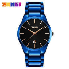 SKMEI 9140 Royal Blue Stainless Steel Analog Luxury Watch For Men - Black & Royal Blue