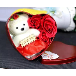 Valentine Day Love Gift -Heart Shape Gift Box (Flowers With Soft Teddy) - 11cm*11.8cm