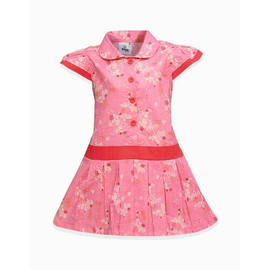 Pink & Red Flower Print Cotton Frock For Girls HF-528, Baby Dress Size: 9-12 months
