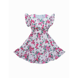 White Pink Flower Print Linen Frock For Girls, Baby Dress Size: 3-4 years