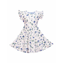 White Blue Flower Print Linen Frock For Girls, Baby Dress Size: 1-2 years