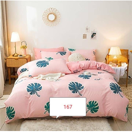 Baby Pink with Big Leaf Cotton Bed Cover With Comforter