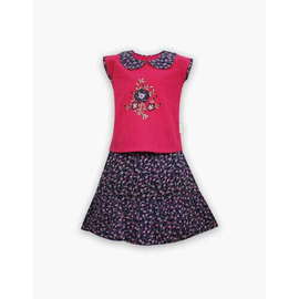 Hot Pink Navy Blue Multi Print Cotton and Linen Skirt Tops For Girls, Baby Dress Size: 9-12 months