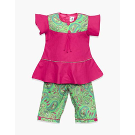 Magenta & Light Green Kolka print Baby Pant Tops For Girls, Baby Dress Size: 9-12 months