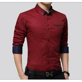 Maroon Color Pocket Design Casual Long Sleeve Shirt