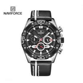 Naviforce NF8019L Black PU Leather Chronograph Watch For Men - Silver & Black
