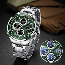 Naviforce NF9197 Silver Stainless Steel Dual Time Watch For Men - Green & Silver, 4 image
