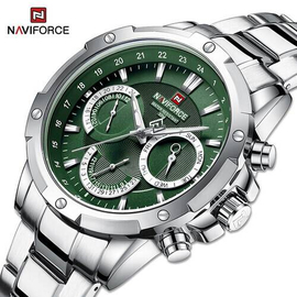 Naviforce NF9196 Silver Stainless Steel Chronograph Watch For Men - Green & Silver, 3 image