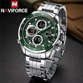 Naviforce NF9197 Silver Stainless Steel Dual Time Watch For Men - Green & Silver, 6 image