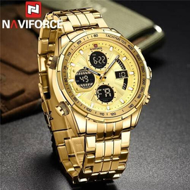 Naviforce NF9197 Golden Stainless Steel Dual Time Watch For Men - Golden, 9 image