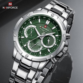 Naviforce NF9196 Silver Stainless Steel Chronograph Watch For Men - Green & Silver, 4 image