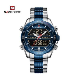 Naviforce NF9195 Silver And Royal Blue Stainless Steel Dual Time Watch For Men - Royal Blue & Silver