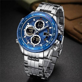 Naviforce NF9197 Silver Stainless Steel Dual Time Watch For Men - Royal Blue & Silver, 4 image