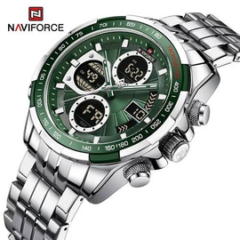 Naviforce NF9197 Silver Stainless Steel Dual Time Watch For Men - Green & Silver, 3 image