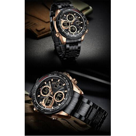 Naviforce NF9197 Black Stainless Steel Dual Time Watch For Men - RoseGold & Black, 12 image