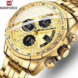 Naviforce NF9197 Golden Stainless Steel Dual Time Watch For Men - Golden, 3 image