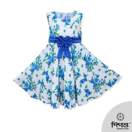 White Big Flower Print Linen (In Side Cotton) Frock for Girls, Color: Blue, Baby Dress Size: 9-12 months
