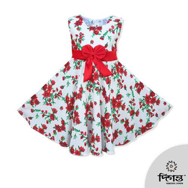 White & Red Big Flower Print Linen Baby Frock For Girls, Color: Red, Baby Dress Size: 9-12 months