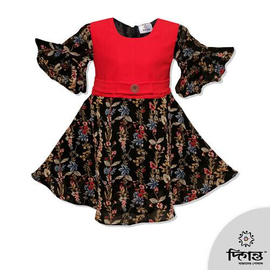 Red & Black Flower Print Georgette Baby Frock For Girls, Color: Red, Baby Dress Size: 9-12 months
