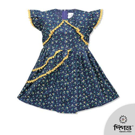 Navy Blue Flower Print Cotton Frock for Girls, Color: Navy Blue, Baby Dress Size: 1-2 years