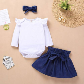 Beautiful Baby Dress Tops & Skirt - White & Blue, Baby Dress Size: 0-3 years