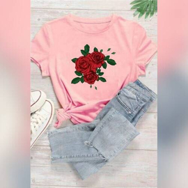 Pink Color Red Rose Printed T-Shirt