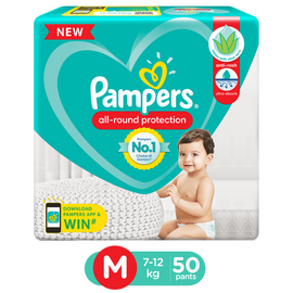 Pampers All round Protection Pants, Medium size baby diapers (MD / 7-12 kg ), 50 Count, Anti Rash diapers, Lotion with Aloe Vera