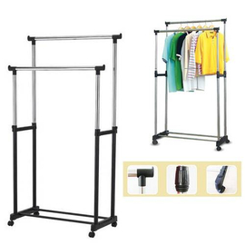 Double pole telescopic foldable clothes rack stand with wheel