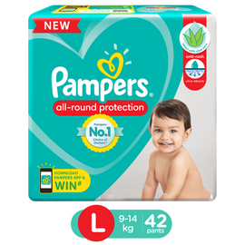 Pampers All round Protection Pants, Large size baby diapers (LG / 9-14 kg ), 42 Count, Anti Rash diapers, Lotion with Aloe Vera