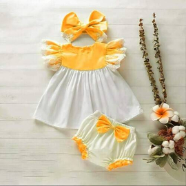 Beautiful Baby Dress Tops & Pants Yellow & White With Hairband, Baby Dress Size: 0-3 years