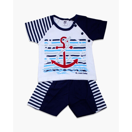 Navy Blue and White Anker Print Cotton T-shirt Set For Baby Boys, Color: Navy Blue, Size: M