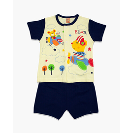 Navy Blue and Cream Color Cartoon Print Cotton T-Shirt For Boys, Color: Navy Blue, Size: M