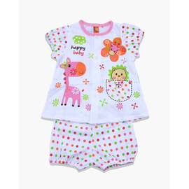 White and Multi Color Cartoon Print Cotton Baby Set For Girls, Color: Pink, Size: M