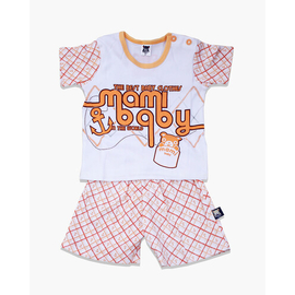 White and Orange Check Print Cotton T-Shirt For Boys, Color: Orange, Size: M