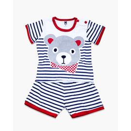 Navy Blue Check and Ash Teddy Bear Print Cotton T-shirt Set For Boys, Color: Navy Blue, Size: M