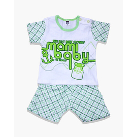 White and Green Check Print Cotton T- Shirt For Baby Boys, Color: Green, Size: M