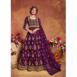 Soft Georgette Semi-Stitched Embroidery Designed Work Long Party Wear Gown- Purple