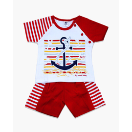 Red and White Anker Print Cotton T- Shirt For Boys, Color: Red, Size: M
