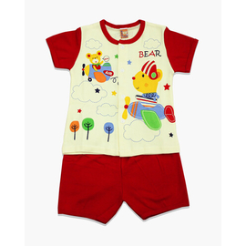 Red and Cream cartoon Bear Print Cotton T-Shirt For Boys, Color: Red, Size: M