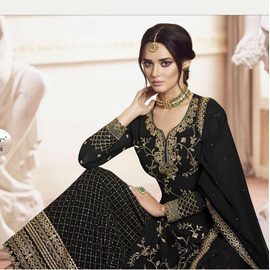 Soft Georgette Semi-Stitched Embroidery Long Party Wear Anarkali Sharara Dress- Black