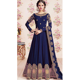 Soft Georgette Semi-Stitched Embroidery Designed Work Long Party Wear Gown - Blue
