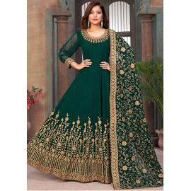 Soft Georgette Semi-Stitched Embroidery Designed Work Long Party Wear Gown - Green