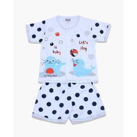 White and Navy Blue Delphine Print Cotton T-Shit For Baby Boys, Color: Navy Blue, Size: M