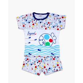 White and Blue Fish Print Cotton T-Shirt For Boys, Color: Blue, Size: M