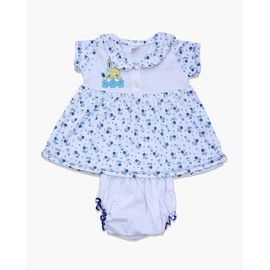 White and Blue Flower Print Cotton Baby Set For Girls, Color: Blue, Size: M