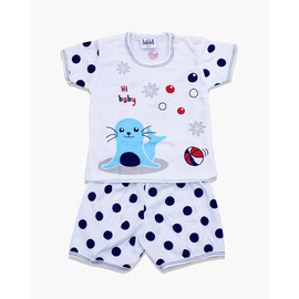 White and Light Blue Seals Print Cotton T-Shirt For Baby Boys, Color: White, Size: M