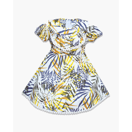 White and Multi Color Leaf Print Cotton Frock For Baby Girls, Color: White, Baby Dress Size: 1-2 years